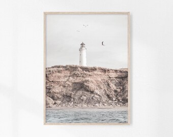 Lighthouse Wall Art, Coastal Photography, Nautical Print, Cliff Beach Home Decor, Large Printable Poster, Muted Tone, Digital Download