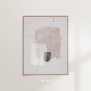 May include: Abstract art print with a light gray background, featuring three watercolor shapes in shades of beige and gray, with thin black lines.
