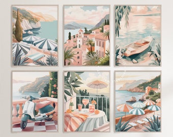 Italy Prints Set of 6, Positano Amalfi Coastal Poster, Mediterranean Wall Art, Summer Italy Printable, Painting Amalfi, Postcard Travel Art
