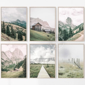 Moutain Landscape Set of 6 Prints, Light Green Wall Art, Nature Printable Art, Forest Mountain Range, Green Tone, Rustic Log Cabin Decor