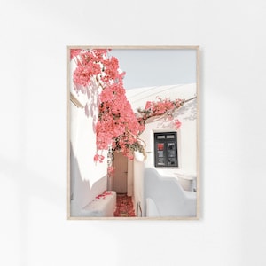 Santorini Print, Santorini Wall Art, Greece Printable Art, Mediterranean Wall Art, Architecture Print, Bougainvillea Print, Pink Flowers