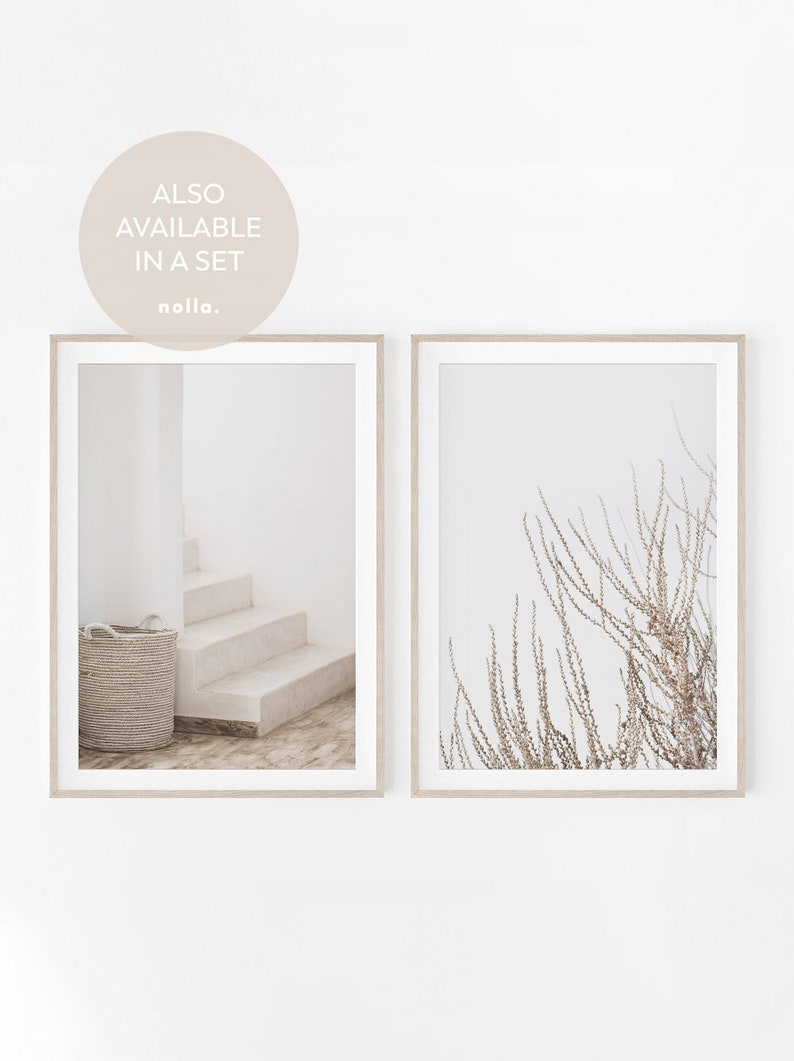 May include: Two framed prints, one with a white staircase and a woven basket, the other with a close-up of a dried plant against a white background. The text "ALSO AVAILABLE IN A SET" is visible in a circle above the prints.