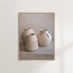Pintura al óleo de jarrones neutros, estampado en tonos beige, arte de pared vintage, tonos neutros de verano, decoración minimalista, arte escandinavo, blanco imprimible