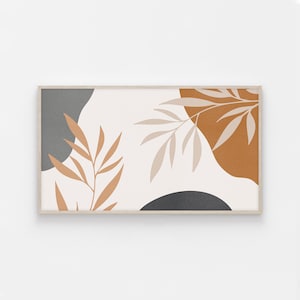 May include: Abstract art print with a white background, featuring brown, gray, and beige shapes and stylized leaves.