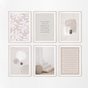 May include: Set of six minimalist art prints in neutral tones. The prints feature abstract shapes, a quote about letting go, and a simple design of a staircase and a basket.