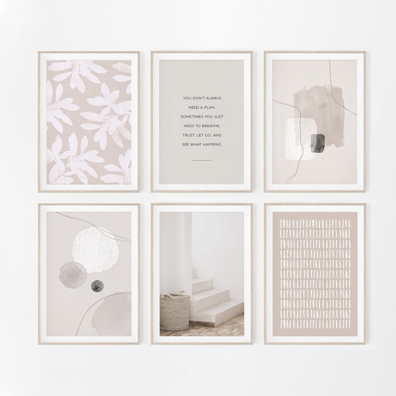 May include: Set of six minimalist art prints in neutral tones. The prints feature abstract shapes, a quote about letting go, and a simple design of a staircase and a basket.