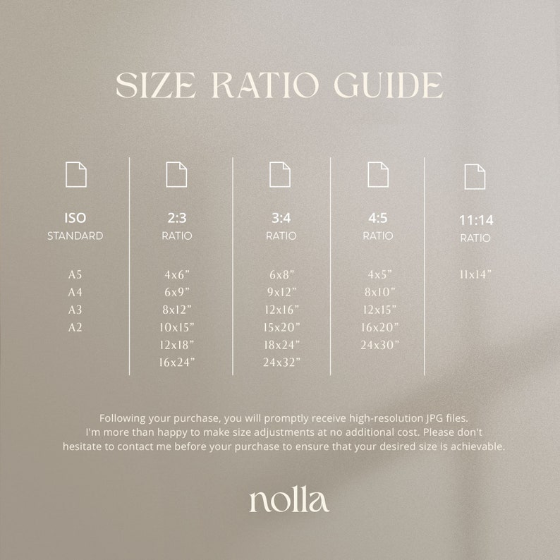 May include: A size ratio guide for digital prints, showing different standard sizes and their corresponding dimensions in inches. The guide includes ISO standard sizes, 2:3 ratio, 3:4 ratio, 4:5 ratio, and 11:14 ratio.