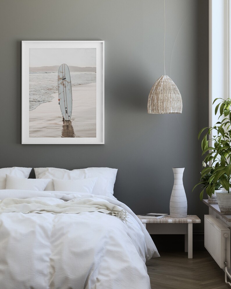 Surfboard Print, Surfing Poster, Sand Beach Poster, Minimalist Surfer, Calming Wall Art, Coastal Printable, California Surf Art, Summer Art image 2