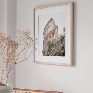 May include: A framed photograph of the Colosseum in Rome, Italy. The photo is in a light wood frame and shows the Colosseum from a low angle, with trees in the foreground.