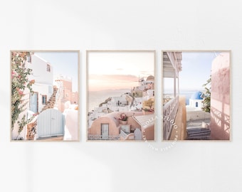 Santorini Print Set of 3, Greece Print Set, Blush Mediterranean Art, Greece Gallery Wall Set, Pastel Santorini Wall Art, Greece Printable