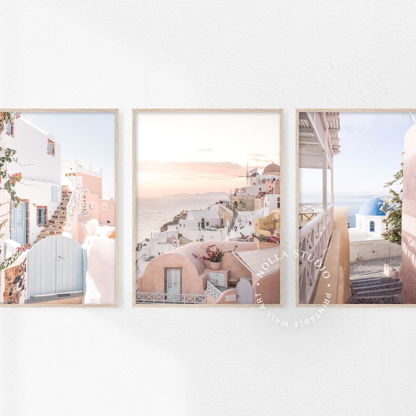 Santorini Print Set of 3, Greece Print Set, Blush Mediterranean Art, Greece Gallery Wall Set, Pastel Santorini Wall Art, Greece Printable