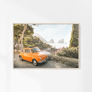 Italian Car Horizontal Print, Vintage Italy Print, Coastal Photography, Old Orange Car, Classic Small Car, Amalfi Coast, European Travel Art