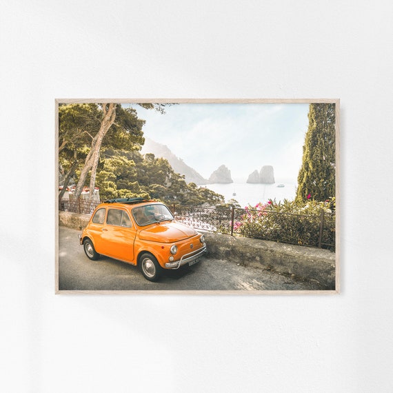 Italian Car Horizontal Print, Vintage Italy Print, Coastal Photography, Old Orange Car, Classic Small Car, Amalfi Coast, European Travel Art