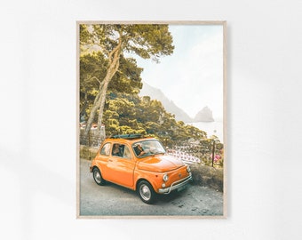 Italian Car Print, Vintage Italy Print, Coastal Photography, Old Orange Car, Classic Small Car, Amalfi Coast, European Travel Art, Download