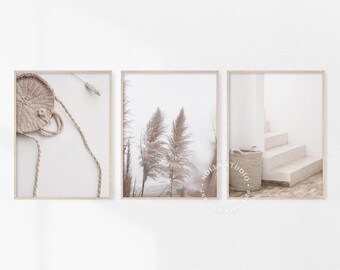 Boho Kunst Dekor, Strand Wandkunst, Pampasgras, 3-er Set Drucke, Galeriewand, Strand Haus Dekor, Küsten Wand Kunst Set, moderne neutrale Kunst Set