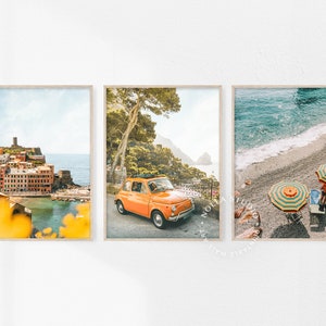 Italy Prints Set of 3, Mediterranean Wall Art, Vintage Car Road, Coastal Summer Prints, European Printable, Amalfi Coast, Cinque Terre Photo