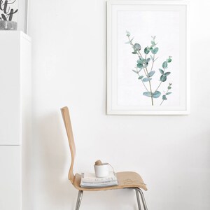 May include: A white framed print of a watercolor painting of a eucalyptus branch with green leaves against a white background. A wooden chair with a magazine and a white cup on the seat. The chair is in front of a white wall.