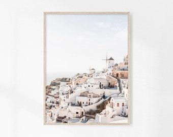Santorini Print, Greece Wall Art, Coastal Wall Art, Pastel Printable, Greek Island Decor, Mediterranean Wall Art, Travel Poster, Oia Village