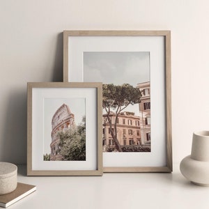 May include: Two framed photographs of Rome, Italy. The larger photo shows a tree in front of a building with a cloudy sky. The smaller photo shows a portion of the Colosseum.