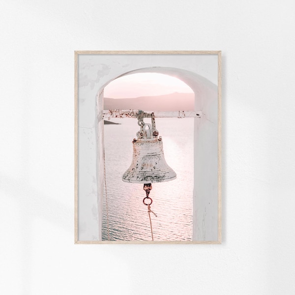Greece Church Bell, Coastal Decor, Santorini Island, Pastel Tones, Greece Wall Art, Mediterranean Printable, Sunset Photography, Download