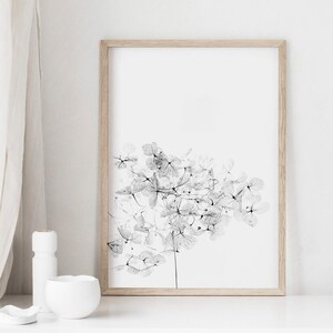 May include: A black and white framed print of a delicate floral design. The print features a cluster of small, intricate flowers with a stem extending down the center. The print is set against a white background.
