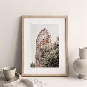 May include: A framed photograph of the Colosseum in Rome, Italy. The photo is taken from a low angle, showing the top of the structure and some trees in the foreground.