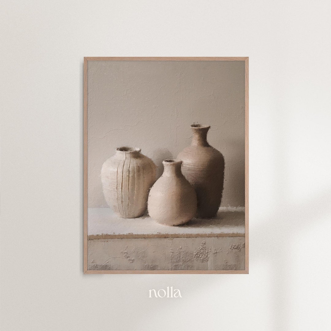 Neutral Vases Oil Painting, Beige Tones Print, Vintage Wall Art ...