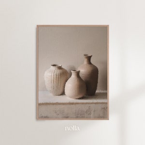 Pintura al óleo de jarrones neutros, estampado en tonos beige, arte de pared vintage, tonos neutros de verano, decoración minimalista, arte escandinavo, blanco imprimible