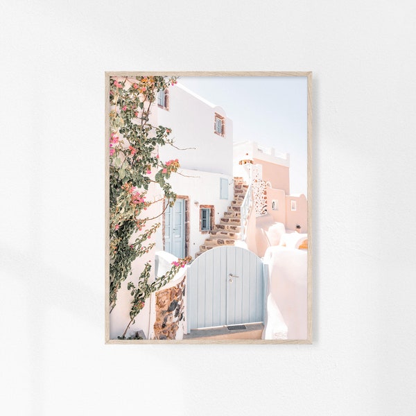 Santorini Print, Santorini Wall Art, Greece Printable Art, Mediterranean Wall Art, Architecture Print, Bougainvillea Print, Pink Flowers