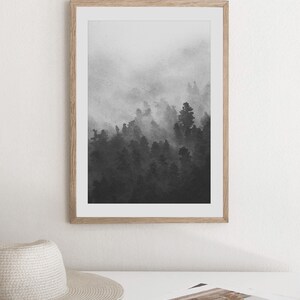 May include: A black and white framed print of a foggy forest scene. The trees are silhouetted against the white fog.