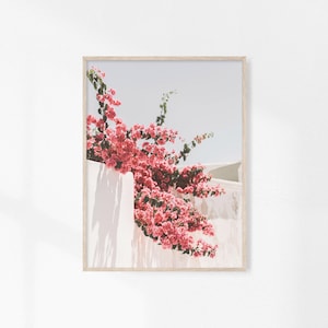 Santorini Print, Pink Summer Wall Art, Greece Printable Art, Mediterranean Wall Art, Floral Print, Bougainvillea Print, Europe Pink Flowers