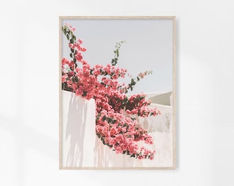 Santorini Print, Pink Summer Wall Art, Greece Printable Art, Mediterranean Wall Art, Floral Print, Bougainvillea Print, Europe Pink Flowers