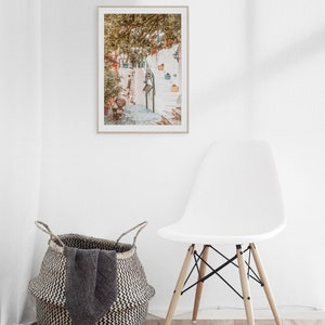 May include: A framed photograph of a white building with a stone pathway leading up to a set of stairs. The building is covered in greenery and has several potted plants hanging from the walls. The photograph is hanging on a white wall next to a white chair and a woven basket.