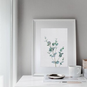 May include: A white framed print of a watercolor painting of a eucalyptus branch with green leaves against a white background. The print is hanging on a white wall above a white dresser with a white mug, a silver tray, and a magazine on top.