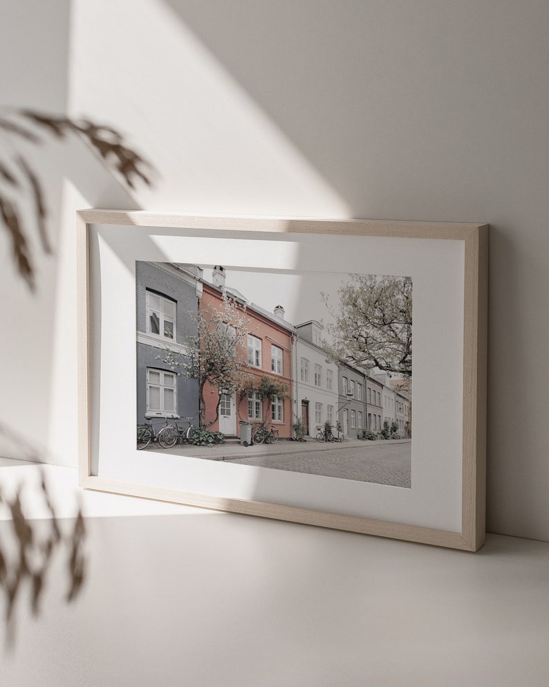 May include: A framed photograph of a row of colorful houses with bicycles parked in front of them. The houses are painted in shades of gray, pink, and white. The photo is taken on a sunny day and the street is lined with trees.