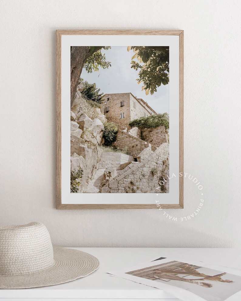 May include: A framed photograph of a stone building with steps leading up to it. The building is surrounded by trees and greenery. The photo is in a light wood frame.