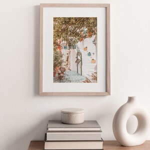 May include: A framed photograph of a narrow, white-washed alleyway with a stone staircase leading up to a building. The alleyway is shaded by a leafy tree and there are potted plants along the walls.