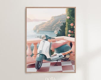 Italian Vespa Print, Vintage Italy Print, Coastal Artwork, Old Motor Bike, European Travel Art, Digital Download, Amalfi Coast Printable