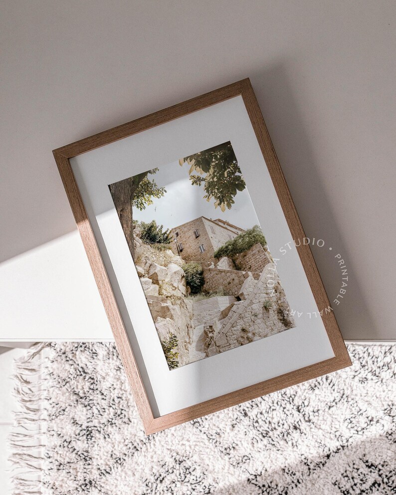 May include: A framed photograph of a stone building with a staircase leading up to it. The building is surrounded by trees and greenery. The photograph is in a light brown frame.