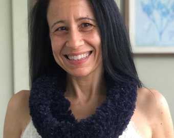 Crochet Apparel Dark Blue Faux Fur Cowl with Gold Specks Warm, Soft, and Stylish Winter Accessory