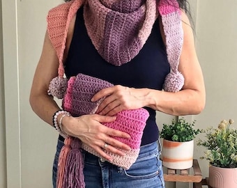 Colorful Crochet Kerchief Scarf with Pom Poms or Tassels Cozy Handmade Accessory Gift for People Who Like Crochet