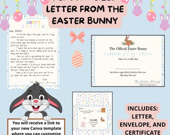 Custom Easter Bunny Letter, Editable Printable Set for Kids, Personalized Easter Stationary, Certificate & Envelope Template