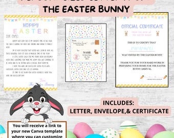Custom Easter Bunny Letter, Editable Printable Set for Kids, Personalized Easter Stationary, Certificate & Envelope Template