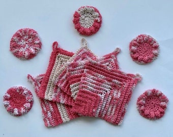 Self Care Basket Gift Organic Bath Exfoliating Cotton Scrubbies Pink & White Towels for Spa and Kitchen Use