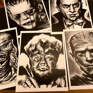 retro horror monsters art 5 prints, 8x10 inches, horror movie monster, horror monster art print, halloween wall decor, horror movie print