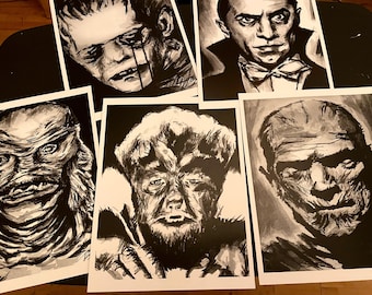 Retro Horror Movie Monster Art Prints, Set of 5 (8x10)