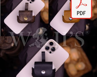 May include: Three different leather cases for Airpods, each with a different color and design. The cases are shown on top of white iPhones. The cases have a strap for easy carrying.