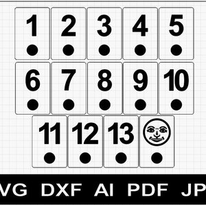 Puede incluir: Ilustración en blanco y negro de una cuadrícula numerada con una cara sonriente en la última casilla. Los números del 1 al 13 están en la cuadrícula, con un punto negro debajo de cada número.