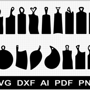 Peut inclure: Un ensemble de 17 fichiers SVG de planches à découper noires, comprenant différentes formes et tailles, parfaits pour l'artisanat et les projets de bricolage.