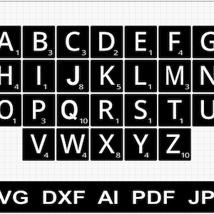 Może przedstawiać: Czarno-białe płytki alfabetu z literami od A do Z i odpowiadającymi im wartościami punktów w grze Scrabble. Płytki są ułożone w siatkę.